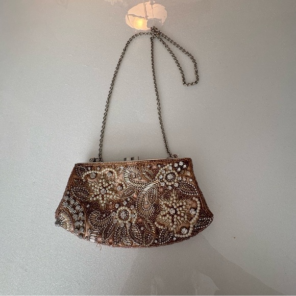 Glint Beaded Floral Clutch & Crossbody Purse Brown and Gold Beads Rhinestones - Picture 1 of 9